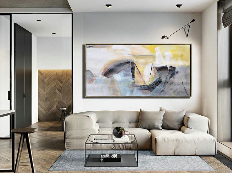 Large Abstract Art,Horizontal Palette Knife Contemporary Art Panoramic Canvas Painting,Textured Painting Canvas Art,White,Yellow,Grey,Black.etc